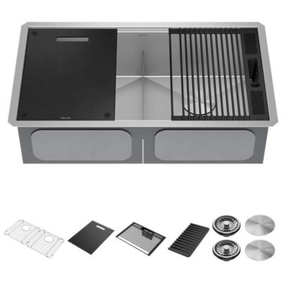 Delta Faucet Rivet™ 33'' Workstation Kitchen Sink Undermount 16 Gauge Stainless Steel 50/50 Double Bowl with WorkFlow™ Ledge and Accessories