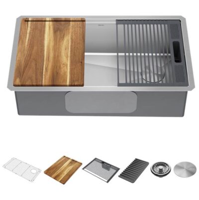 Delta Faucet Lorelai™ 32'' Workstation Kitchen Sink Undermount 16 Gauge Stainless Steel Single Bowl with WorkFlow™ Ledge and Accessories