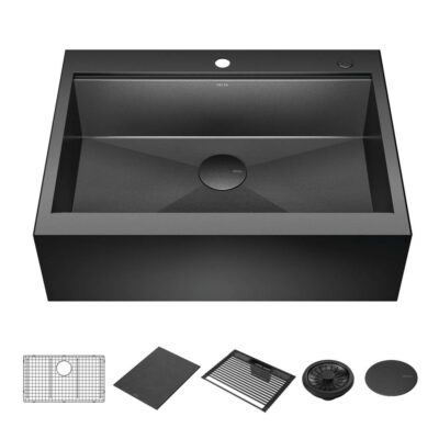 Delta Faucet Rivet™ 30'' Workstation Kitchen Sink Farmhouse Apron Front 16 Gauge Stainless Steel Single Bowl in PVD Gunmetal Finish with WorkFlow™ Ledge for Top Mount Drop-In Installation with Accessories