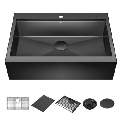 Delta Faucet Rivet™ 33'' Workstation Kitchen Sink Farmhouse Apron Front 16 Gauge Stainless Steel Single Bowl in PVD Gunmetal Finish with WorkFlow™ Ledge for Top Mount Drop-In Installation with Accessories