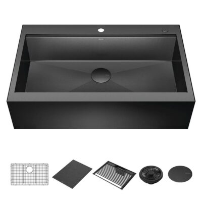Delta Faucet Rivet™ 36'' Workstation Kitchen Sink Farmhouse Apron Front 16 Gauge Stainless Steel Single Bowl in PVD Gunmetal Finish with WorkFlow™ Ledge for Top Mount Drop-In Installation with Accessories