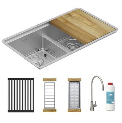 Elkay Reserve Selection Elkay Crosstown 16 Gauge Workstation Stainless Steel, 31-1/2'' x 18-1/2'' x 9'' Equal Double Bowl Sink Kit with Aqua Divide and Filtered Glass Filler