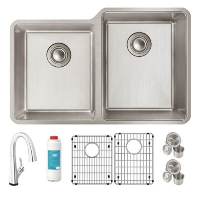 Elkay Reserve Selection Elkay Lustertone Iconix 18 Gauge Stainless Steel 31-1/4'' x 20-1/2'' x 9'' Double Bowl Undermount Sink Kit with Filtered Faucet