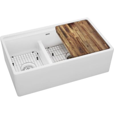 Elkay Reserve Selection Elkay Fireclay 33'' x 19-15/16'' x 10-1/8'' Double Bowl Farmhouse Workstation Sink Kit with Aqua Divide White