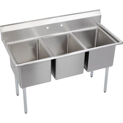 Elkay 3 Compartment Sink, 57X26 OA, 16X20 Bowl, 14 Deep, No DBs, SS Legs, 16 GA 300 Series SS, NSF
