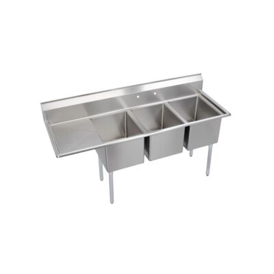 Elkay Dependabilt Stainless Steel 72-1/2'' x 25-13/16'' x 43-3/4'' 16 Gauge Three Compartment Sink w/ 18'' Left Drainboard and Stainless Steel Legs