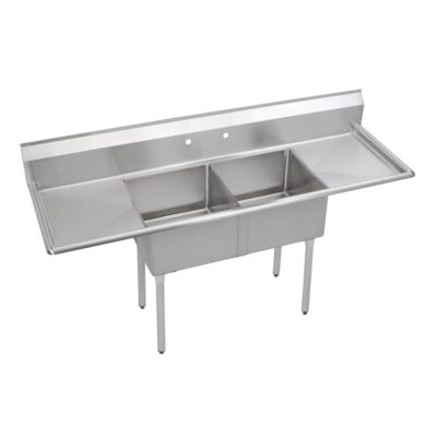 Elkay Dependabilt Stainless Steel 98'' x 29-13/16'' x 44-3/4'' 16 Gauge Two Compartment Sink w/ 24'' Left and Right Drainboards and Stainless Steel Legs
