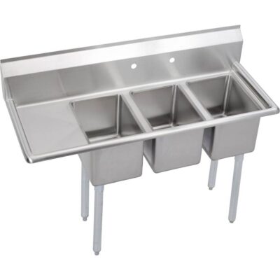 Elkay 3 Compartment Sink, 49X20 OA, 10X14 Bowl, 10 Deep, Left 12 DBs, SS Legs, 16 GA 300 Series SS, NSF