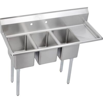 Elkay 3 Compartment Sink, 49X20 OA, 10X14 Bowl, 10 Deep, Right 12 DBs, SS Legs, 16 GA 300 Series SS, NSF