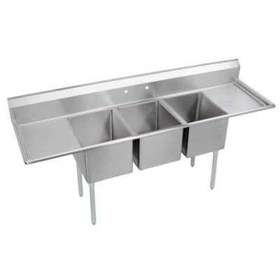 Elkay Dependabilt SS 94'' x 29-13/16'' x 44-3/4'' 16 Gauge Three Compartment 12'' Deep Sink w/18'' L&R Drainboards + SS Legs