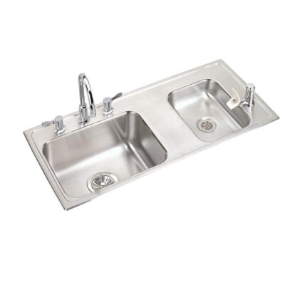 Elkay Lustertone Classic Stainless Steel 37-1/4'' x 17'' x 5'' Double Bowl Drop-in Classroom ADA Sink Kit and Vandal-resistant Filtration Kit With Filter Status Monitor