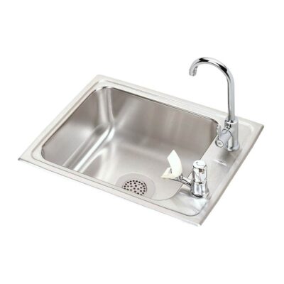 Elkay Lustertone Classic Stainless Steel 22'' x 17'' x 7-5/8'' 2-Hole Single Drop-in Classroom Sink + Vandal-resistant Faucet/Bubbler Kit and Vandal-resistant Filtration Kit With Filter Status Monitor