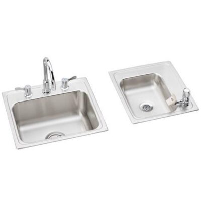 Elkay Lustertone Classic Stainless Steel 34'' x 17'' x 7-5/8'' Double Bowl Drop-in Classroom Sink+Faucet/Bubbler Kit