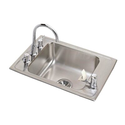 Elkay Lustertone Classic Stainless Steel 25'' x 17'' x 7-5/8'' 4-Hole Single Bowl Drop-in Classroom Sink + Faucet/Bubbler Kit and Vandal-resistant Filtration Kit With Filter Status Monitor