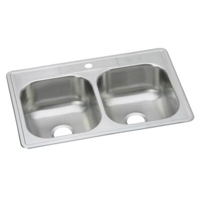 Elkay Dayton Stainless Steel 33'' x 22'' x 8-1/16'' 1-Hole Equal Double Bowl Drop-in Sink Kit with Chrome Faucet