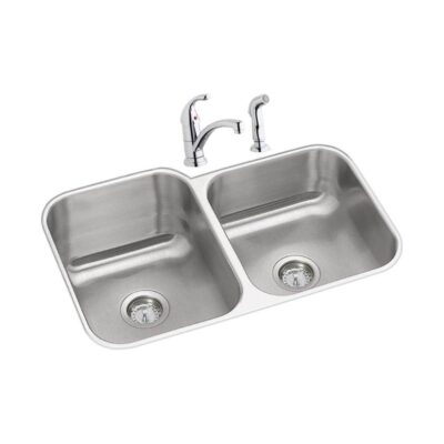 Elkay Dayton Stainless Steel 31-3/4'' x 20-1/2'' x 10'' Offset Double Bowl Undermount Sink and Faucet Kit