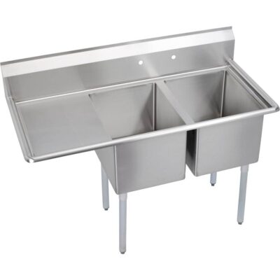 Elkay 2 Compartment Sink, 55X26 OA, 16X20 Bowl, 12 Deep, Left 18'' DB, SS Legs, 18 GA 300 Series SS, NSF