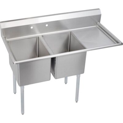 Elkay 2 Compartment Sink, 55X26 OA, 16X20 Bowl, 12 Deep, Right 18'' DBs, SS Legs, 18 GA 300 Series SS, NSF