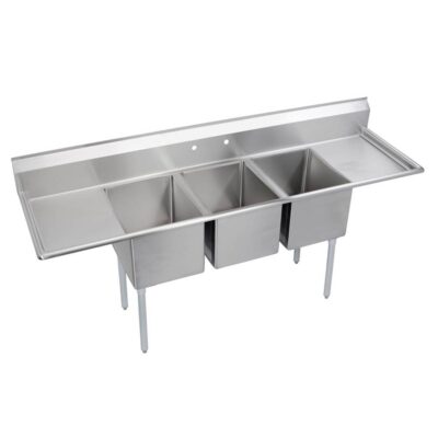 Elkay Dependabilt Stainless Steel 88'' x 25-13/16'' x 43-3/4'' 18 Ga. Three comp Sink w/18'' LR Drainboards+Stainless Steel Legs