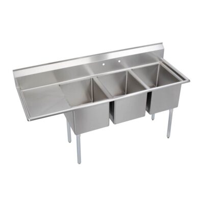 Elkay Dependabilt Stainless Steel 72-1/2'' x 25-13/16'' x 43-3/4'' 18 Gauge Three Compartment Sink w/ 18'' Left Drainboard and Stainless Steel Legs