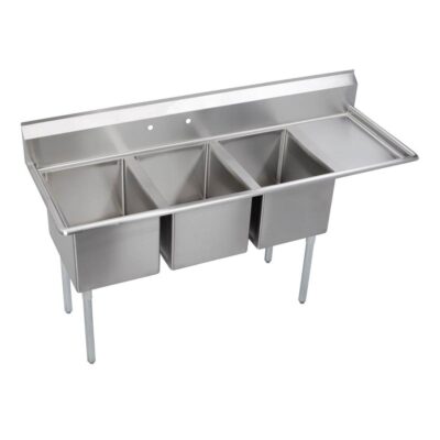 Elkay Dependabilt Stainless Steel 72-1/2'' x 25-13/16'' x 43-3/4'' 18 Gauge Three Compartment Sink w/ 18'' Right Drainboard and Stainless Steel Legs