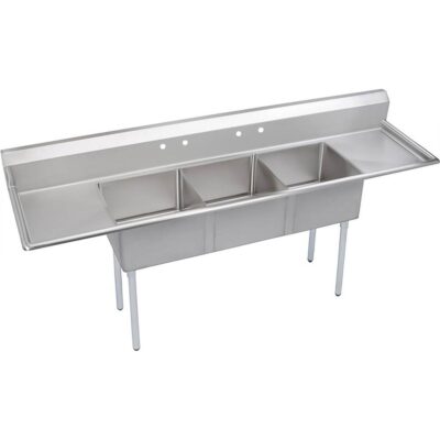 Elkay Dependabilt Stainless Steel 124'' x 29-13/16'' x 43-3/4'' 18 Ga. Three comp Sink w/24'' LR Drainboards+Stainless Steel Legs
