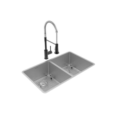 Elkay Crosstown 18 Gauge Stainless Steel 31-1/2'' x 18-1/2'' x 9'', Equal Double Bowl Undermount Sink, Faucet, Bottom Grid & Drain Kit