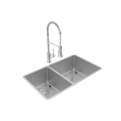Elkay Crosstown 18 Gauge Stainless Steel 31-1/2'' x 18-1/2'' x 9'', 40/60 Double Bowl Undermount Sink, Faucet, Bottom Grid & Drain Kit