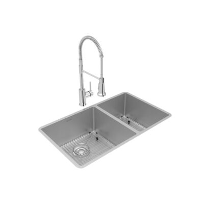 Elkay Crosstown 18 Gauge Stainless Steel 31-1/2'' x 18-1/2'' x 9'', 60/40 Double Bowl Undermount Sink, Faucet, Bottom Grid & Drain Kit