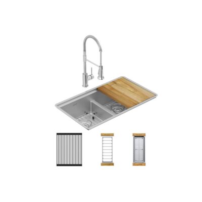 Elkay Crosstown 18 Gauge Workstation Stainless Steel, 31-1/2'' x 18-1/2'' x 9'' Equal Double Bowl Sink, Faucet & Drain Kit with Aqua Divide