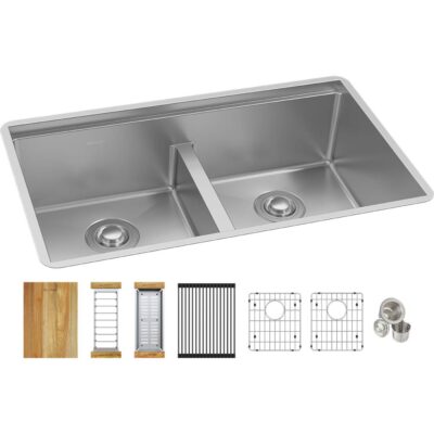 Elkay 18 Gauge Stainless Steel 31.5'' x 18.5'' x 9'' Crosstown Workstation Double Bowl Undermount Kitchen Sink Kit with Aqua Divide