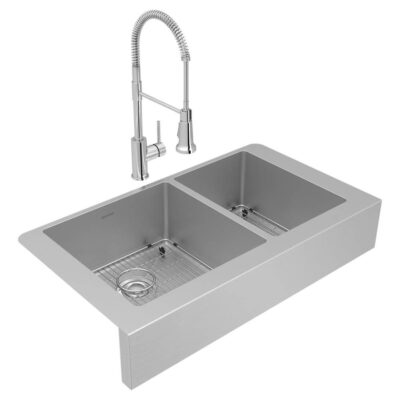 Elkay Crosstown 18 Gauge Stainless Steel 35-7/8'' x 20-1/4'' x 9'' 60/40 Double Bowl Farmhouse Sink & Faucet Kit with Bottom Grid & Drain