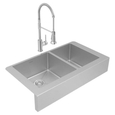 Elkay Crosstown 18 Gauge Stainless Steel 35-7/8'' x 20-1/4'' x 9'' 60/40 Double Bowl Farmhouse Sink & Faucet Kit with Drain
