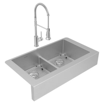 Elkay Crosstown 18 Gauge Stainless Steel 35-7/8'' x 20-1/4'' x 9'' Equal Double Bowl Farmhouse Sink & Faucet Kit with Aqua Divide & Bottom Grid & Drain