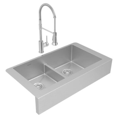 Elkay Crosstown 18 Gauge Stainless Steel 35-7/8'' x 20-1/4'' x 9'' Equal Double Bowl Farmhouse Sink & Faucet Kit with Aqua Divide & Drain
