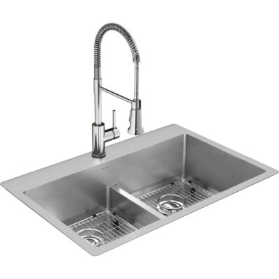 Elkay 18 Gauge Stainless Steel 33'' x 22'' x 9'' Double Bowl Dual Mount Kitchen Sink Kit with Faucet