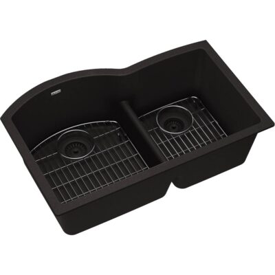 Elkay Quartz Classic 33'' x 22'' x 10'', Offset 60/40 Double Bowl Undermount Sink Kit with Aqua Divide, Black