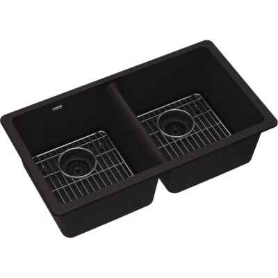 Elkay Quartz Classic 33'' x 18-1/2'' x 9-1/2'', Equal Double Bowl Undermount Sink Kit, Black