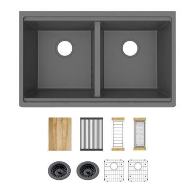 Elkay Quartz Classic 33'' x 22'' x 9-1/2'' Equal Double Bowl Undermount Workstation Sink Kit Graphite