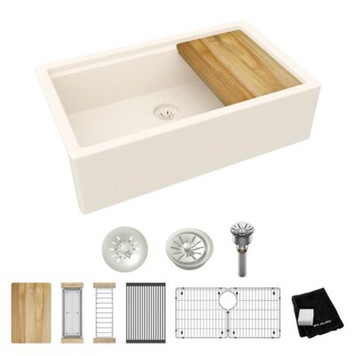 Elkay Quartz Luxe 35-7/8 x 21-9/16 x 9'' Single Bowl 10'' Apron Farmhouse Workstation Sink with Perfect Drain® Parchment