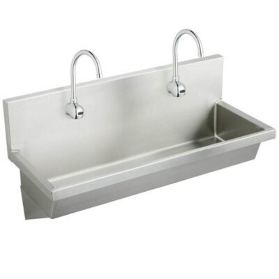 Elkay Stainless Steel 48'' x 20'' x 8'' Wall Hung Multiple Station Hand Wash Sink Kit w/Faucets+Drain+Thermostatic Mixing Valves