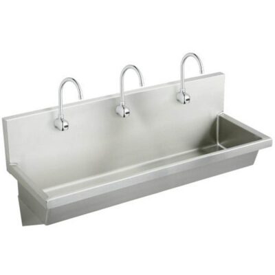 Elkay Stainless Steel 72'' x 20'' x 8'' Wall Hung Multiple Station Hand Wash Sink Kit w/Sensor Faucets + Grid Drain