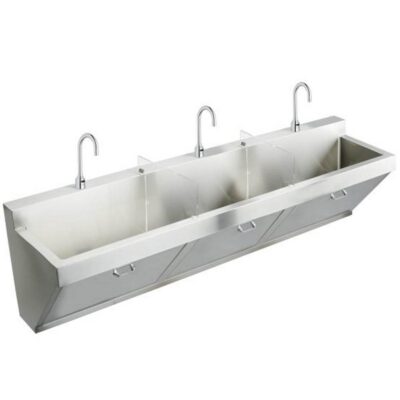 Elkay Stainless Steel 90'' x 23'' x 26'' Wall Hung Triple Station Surgeon Scrub Sink Kit w/Sensor Faucets+Drains