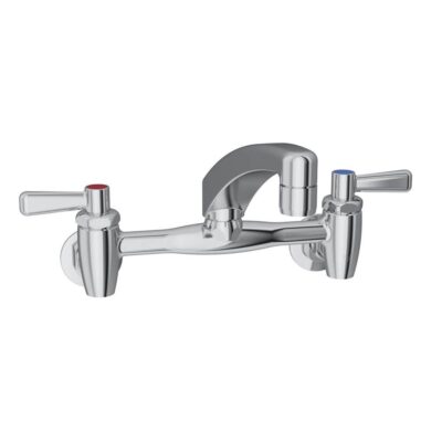Elkay Foodservice 8'' Centerset Wall Mount Faucet with 8'' Arc Tube Spout 2'' Lever Handles 1/2'' Offset Inlets+Stop