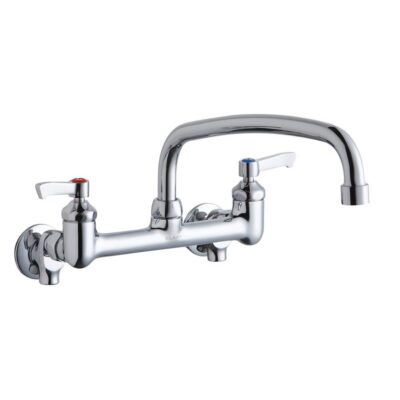 Elkay Foodservice 8'' Centerset Wall Mount Faucet with 12'' Arc Tube Spout 2'' Lever Handles 1/2'' Offset Inlets+Stop
