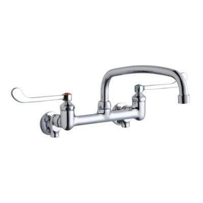 Elkay Foodservice 8'' Centerset Wall Mount Faucet with 12'' Arc Tube Spout 6in Wristblade Handles 1/2'' Offset Inlets+Stop