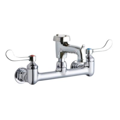 Elkay 8'' Centerset Wall Mount Faucet w/3'' Bucket Hook Spt 4in Wristblade Handles 1/2'' Offset Inlet Polished Chrome