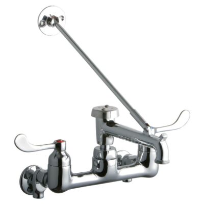 Elkay 8'' Centerset Wall Mount Faucet 7'' Bucket Hook Spt 4in Wristblade Handles 1/2'' Offset Inlets+Stop Polished Chrome