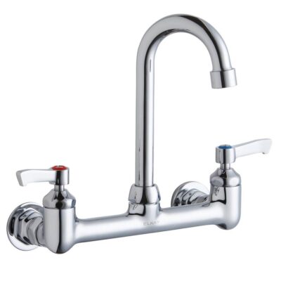 Elkay Scrub/Handwash 8'' Centerset Wall Mount Faucet with 4'' Gooseneck Spout 2'' Lever Handles 1/2'' Offset Inlets
