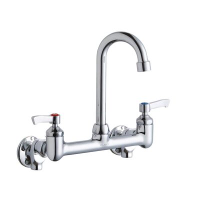 Elkay Scrub/Handwash 8'' Centerset Wall Mount Faucet with 4'' Gooseneck Spout 2'' Lever Handles 1/2'' Offset Inlets+Stop